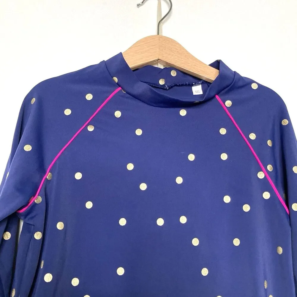 Boden Rash Guard Girls 9-10Y Navy Blue Gold Polka Dot UPF 40+ Swimsuit Set